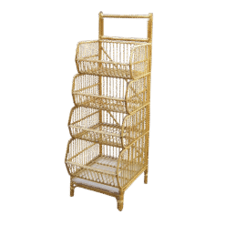 Natural rattan bread display rack with a removable crumb tray.