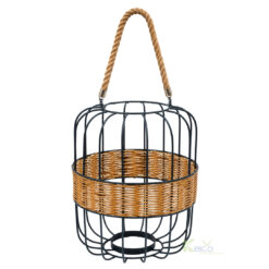 Handcrafted Black Metal & Rattan Candle Lantern with Rope Handle