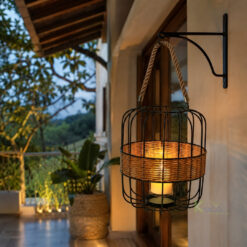 Alternative view of Handcrafted Black Metal & Rattan Candle Lantern with Rope Handle