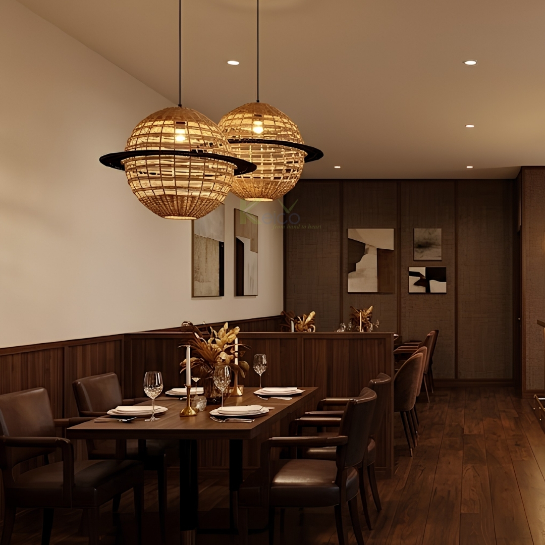 Handwoven Rattan Pendant Lamp – Saturn-Inspired Hanging Light - Image 2