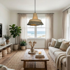 Alternative view of Handwoven Seagrass Pendant Lamp with Black Stripe Pattern